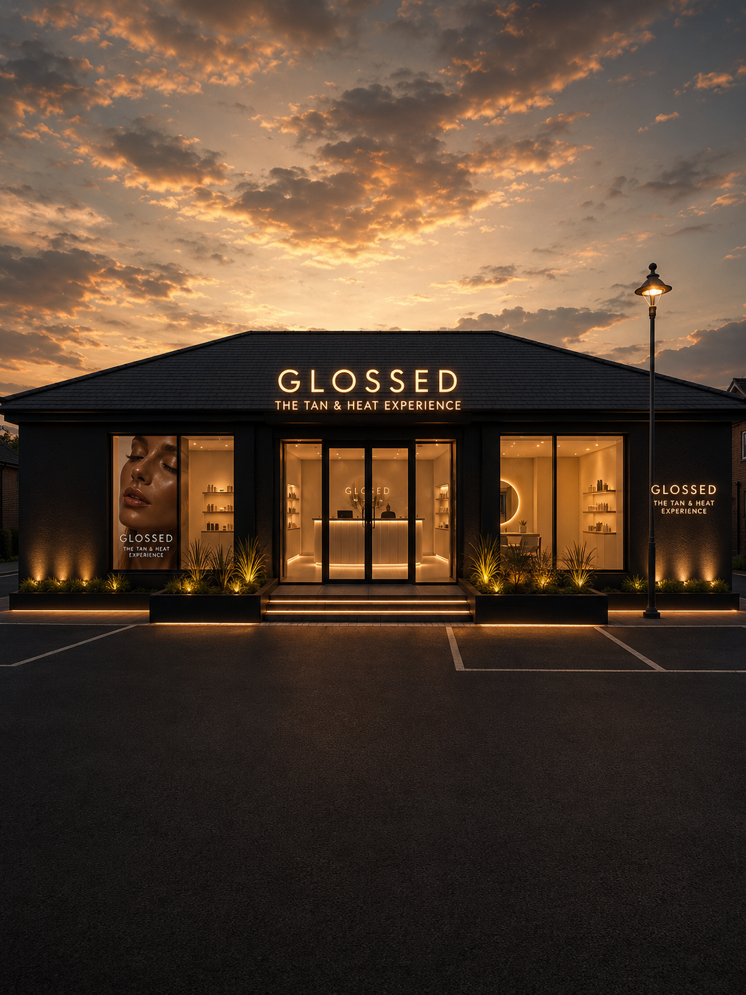 The Glossed building in Canterbury, Kent lit at dusk